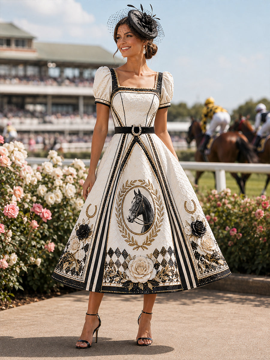 Women's Australian Horse Racing Print V Neck Elegant Midi Dress