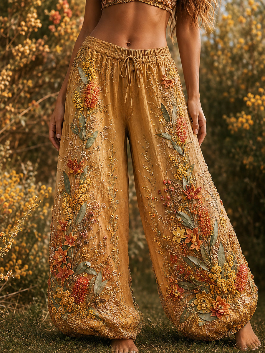 Women's Australian Wildflower Season Printed Comfortable High Stretch Flared Pants