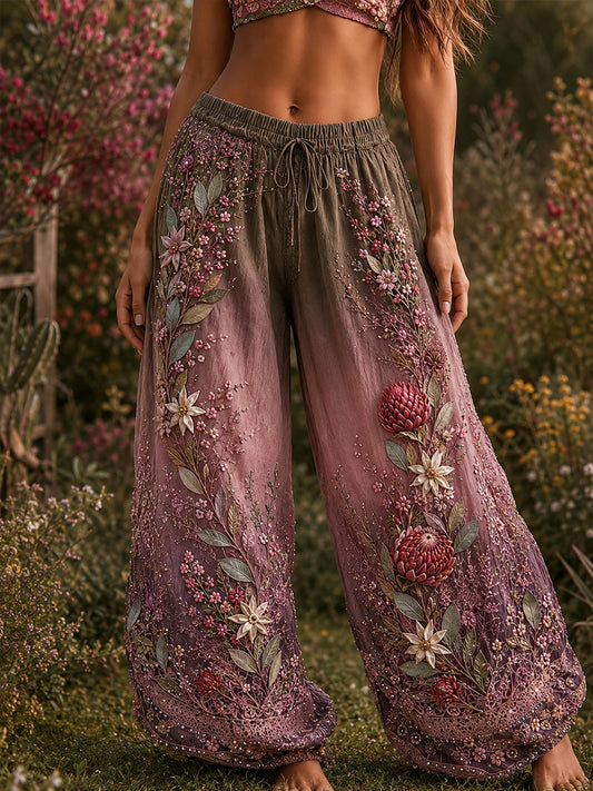 Women's Australian Wildflower Season Floral Printed Comfortable High Stretch Flared Pants