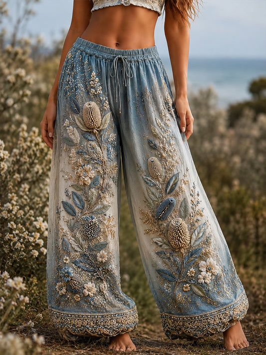 Women's Australian Wildflower Season Printed Comfortable High Stretch Flared Pants