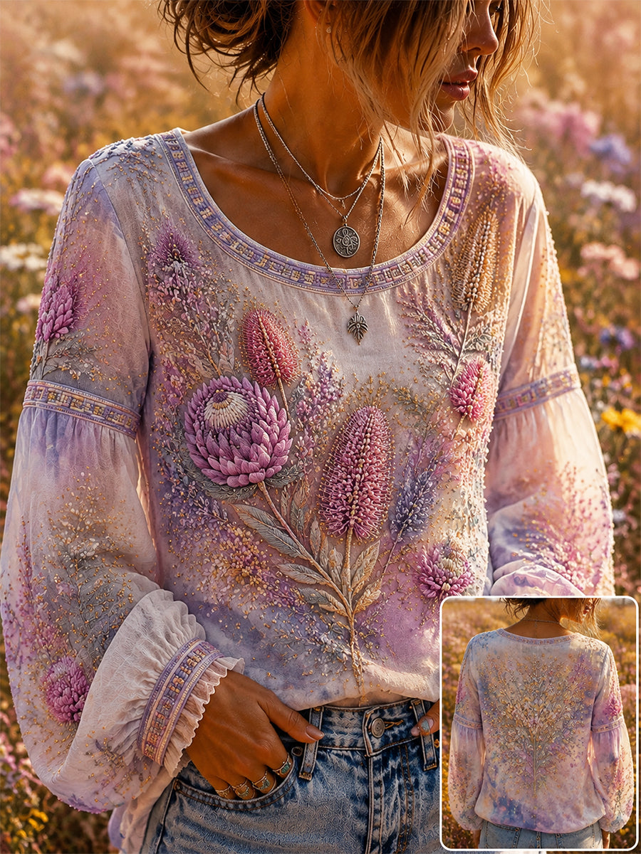 Women's Australian Wildflower Season Long-Sleeve Cotton-Linen Top