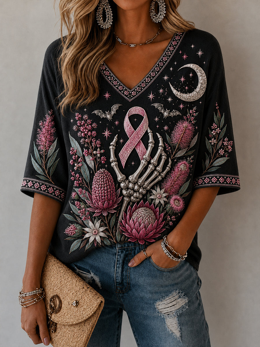 Women's Australian Pink October Breast Cancer Halloween Pattern Linen V-Neck Shirt