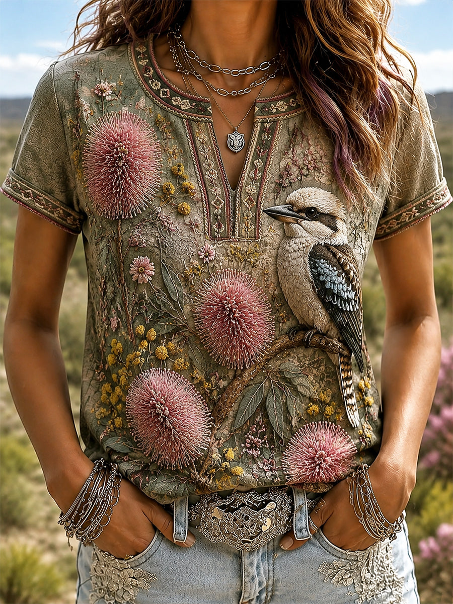 Women's Australian Wildflower Season  Kingfisher Print Cotton-Linen T-Shirt
