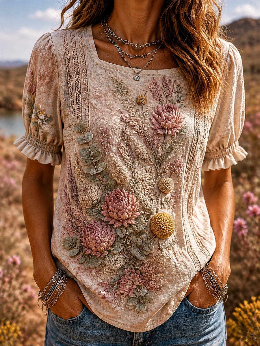 Women’s Retro Australian Wildflower Season Square-Neck Short-Sleeve T-Shirt