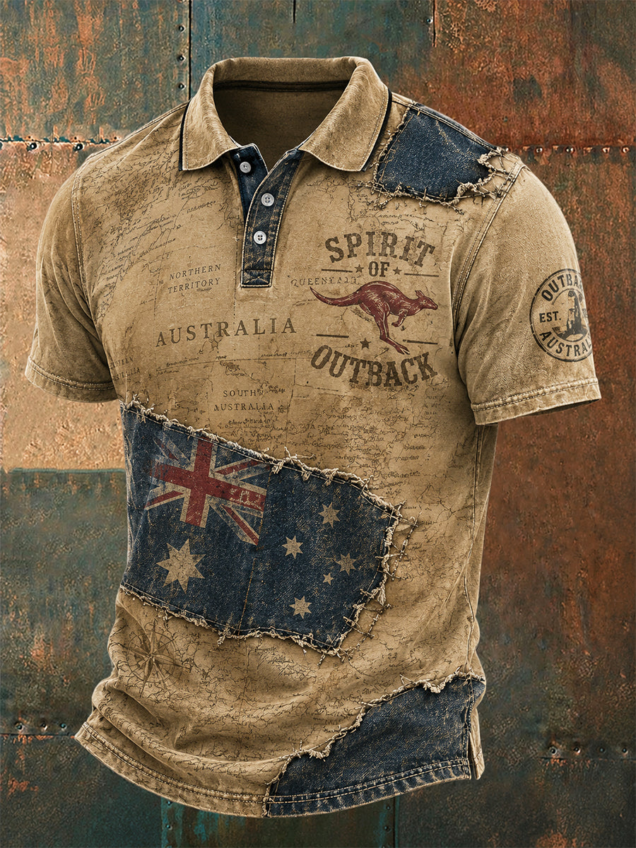 Men's Vintage AU Flag Art Printed Casual Polo Shirt