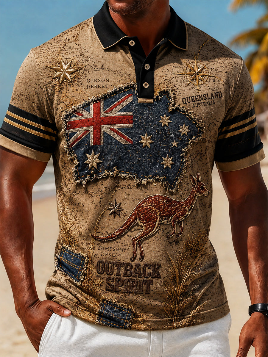 Men's Vintage AU Flag Art Printed Casual Polo Shirt