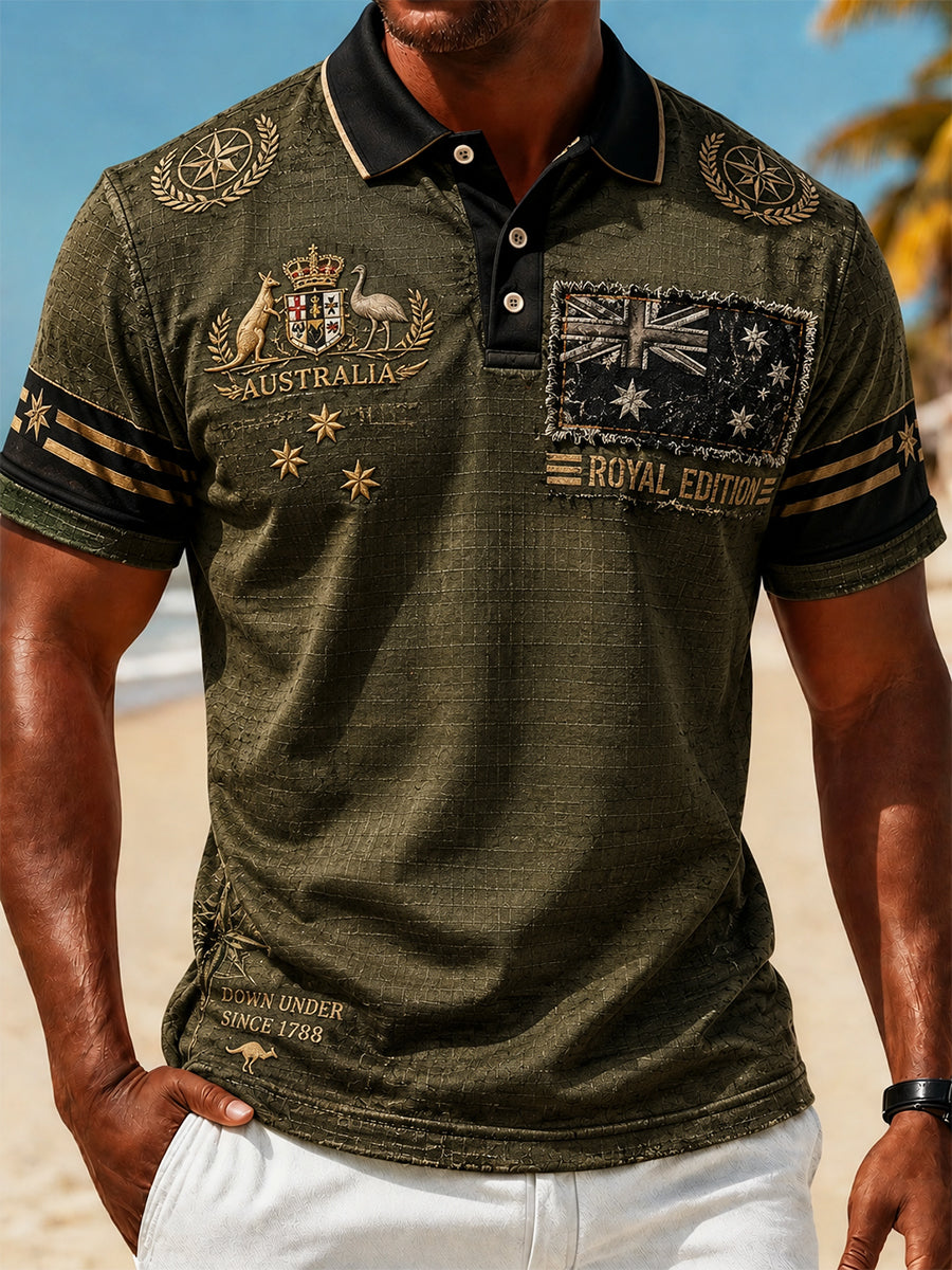 Men's Vintage AU Flag Art Printed Casual Polo Shirt