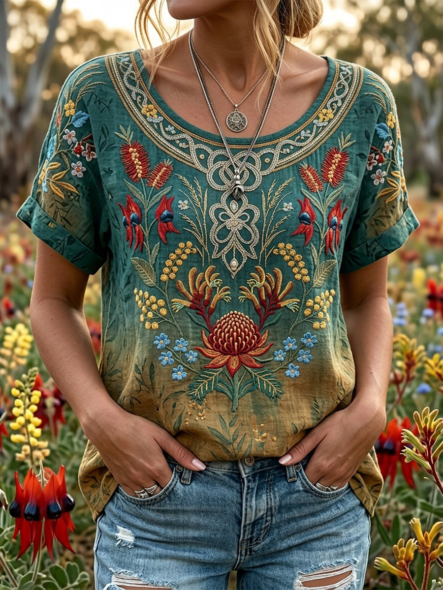 Women’s Retro Australian Wildflower Season Short-Sleeved T-shirt