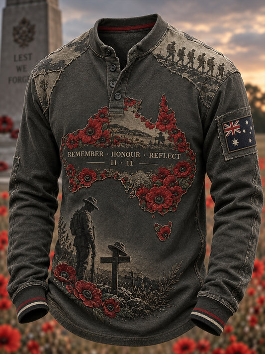 Men's Australian Remembrance Day Printed Casual Button T-Shirt