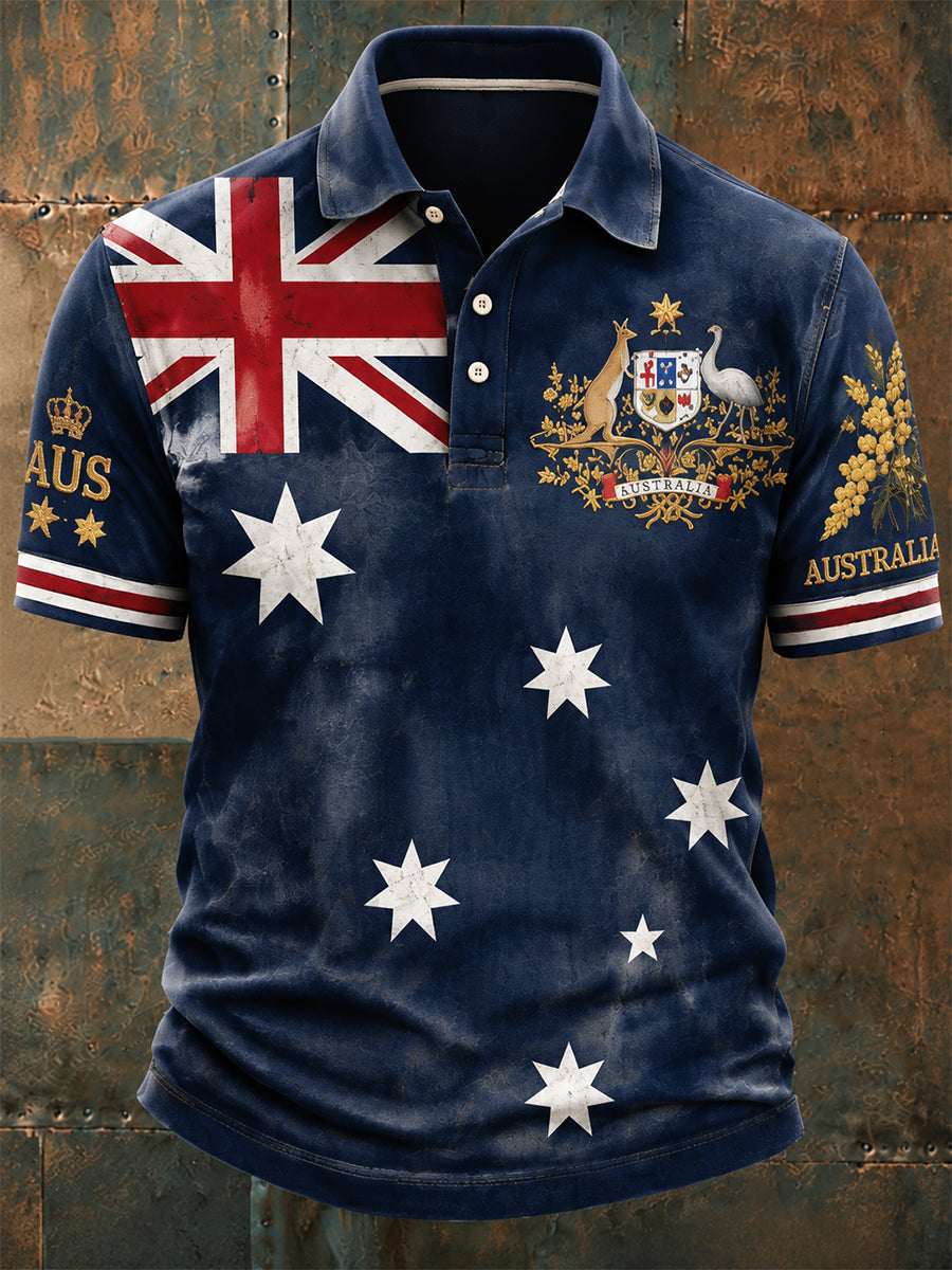 Vintage Australian Flag Crest  Printed Casual Cotton Short Sleeve Polo Shirt