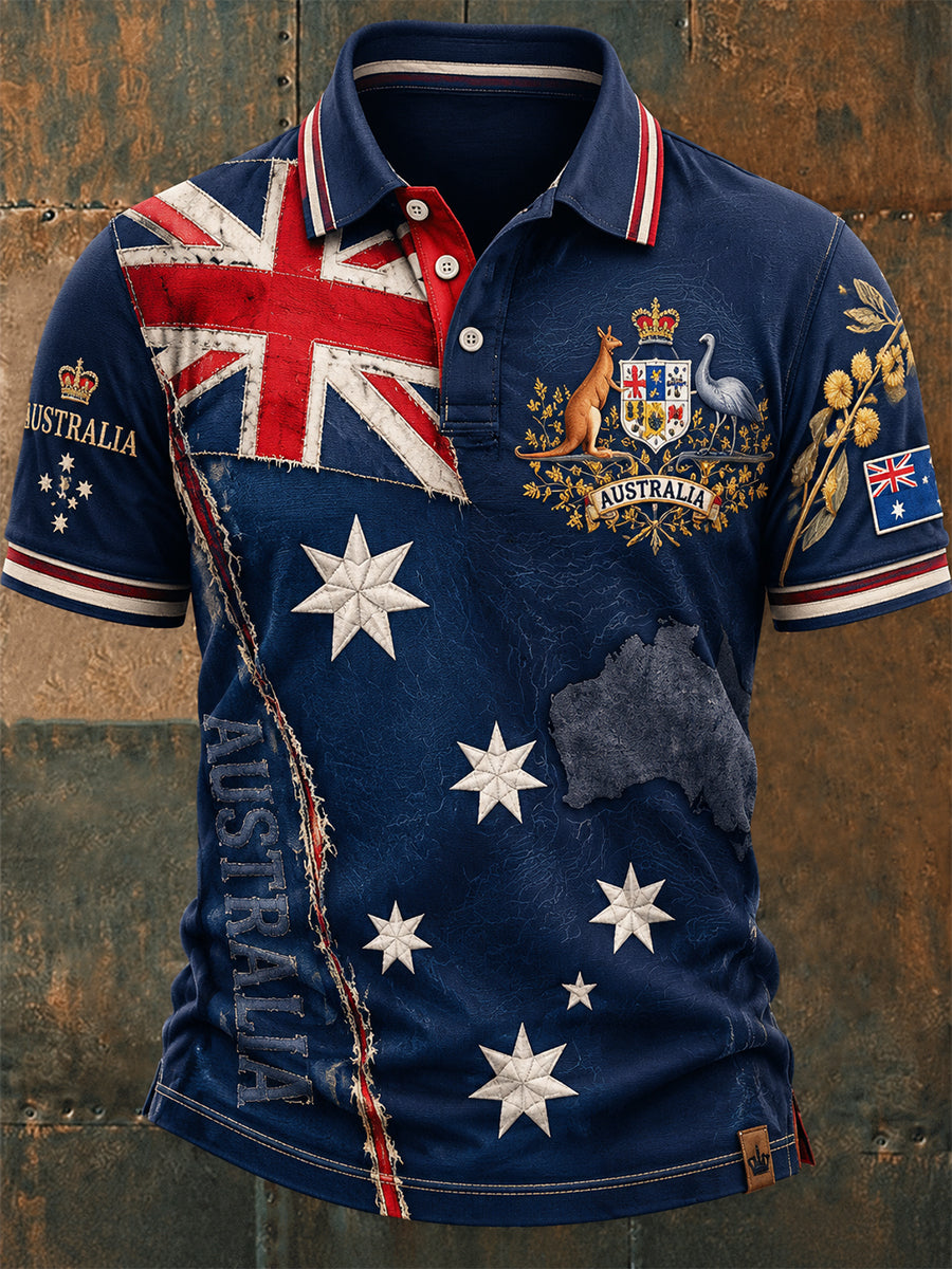 Vintage Australian Flag Crest  Printed Casual Cotton Short Sleeve Polo Shirt