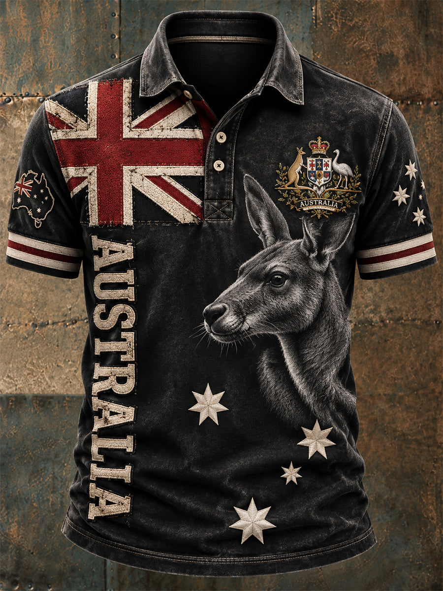 Vintage Australian Flag Crest  Printed Casual Cotton Short Sleeve Polo Shirt