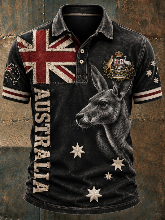 Vintage Australian Flag Crest  Printed Casual Cotton Short Sleeve Polo Shirt