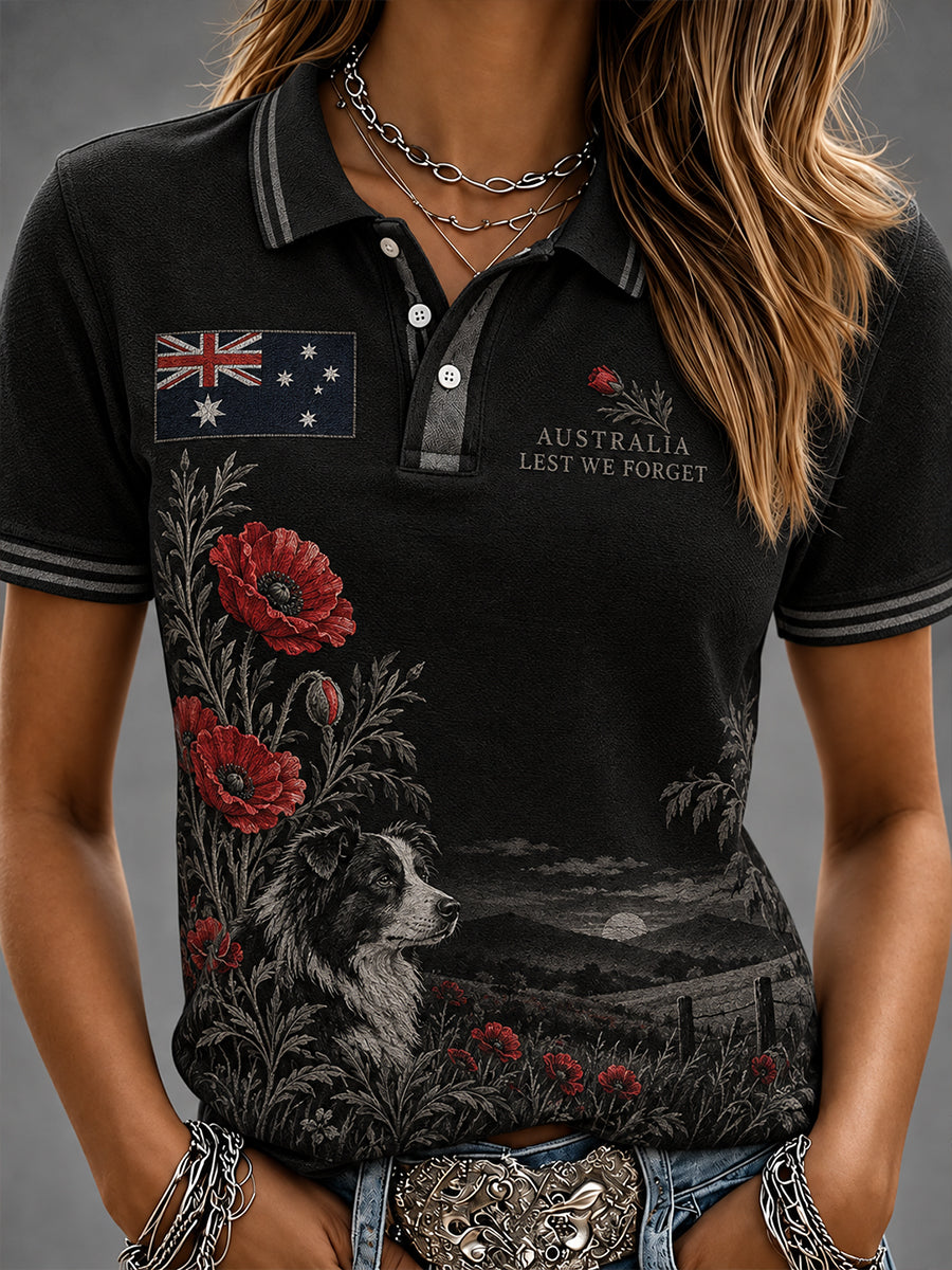 Women's Vintage-Style Australian Remembrance Day Commemorative Art Print Casual Polo Shirt