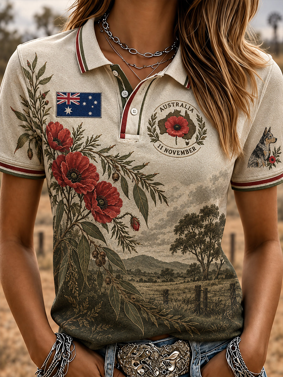 Women's Vintage-Style Australian Remembrance Day Commemorative Art Print Casual Polo Shirt