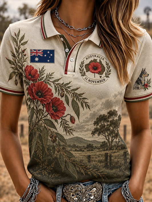 Women's Vintage-Style Australian Remembrance Day Commemorative Art Print Casual Polo Shirt