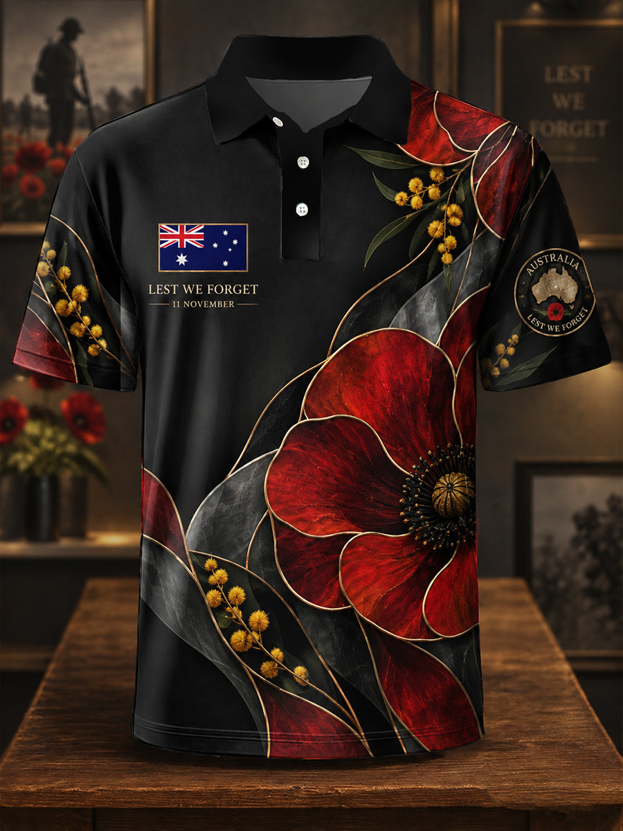 Men's Vintage-Style Australian Remembrance Day Commemorative Graphic Casual Polo Shirt