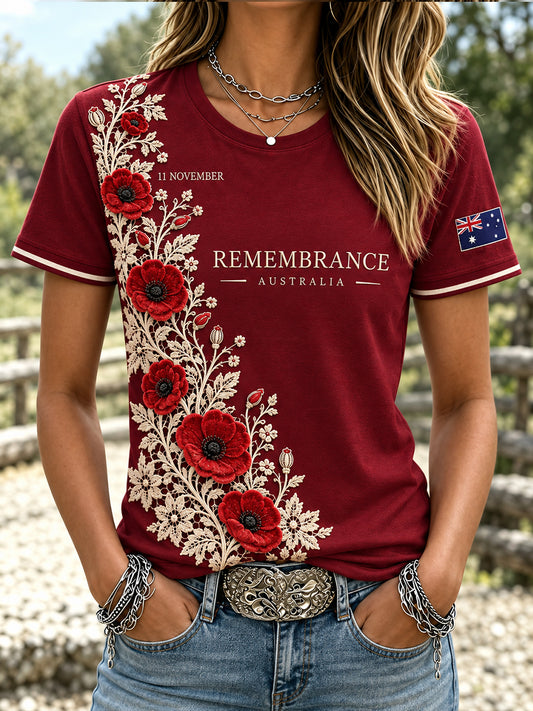 Women's VintageStyle Casual T-shirt with Australian Remembrance Day Commemorative Art Print