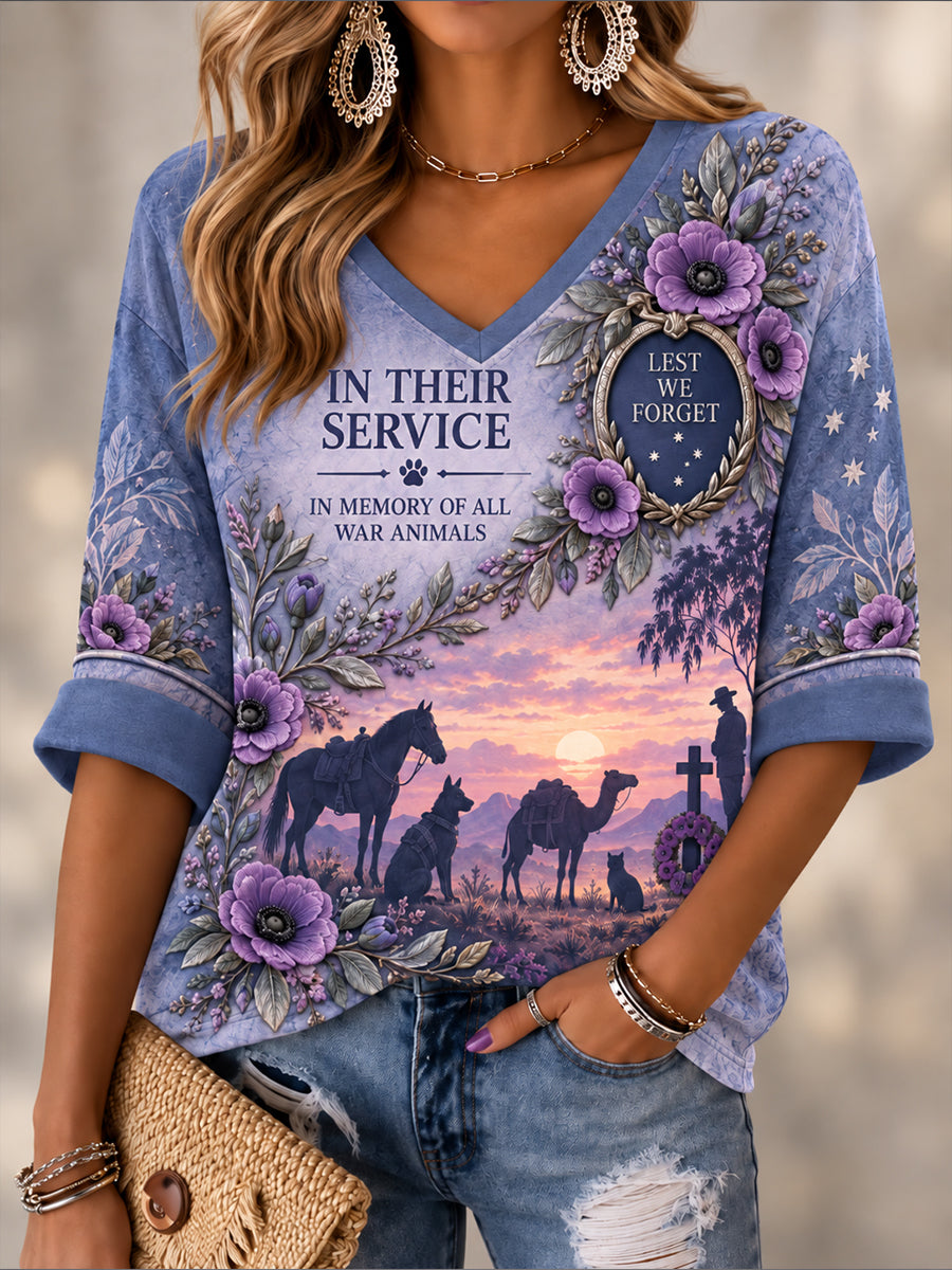 Women's Australian War Animal Memorial for Remembrance Day Pattern Linen V-Neck Shirt