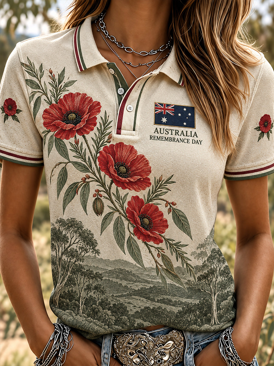Women's VintageStyle Casual Polo Shirt with Australian Remembrance Day Commemorative Art Print