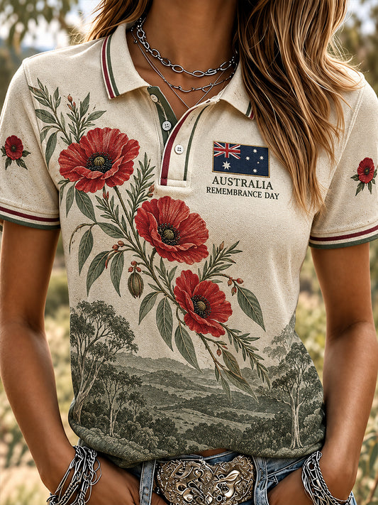 Women's VintageStyle Casual Polo Shirt with Australian Remembrance Day Commemorative Art Print