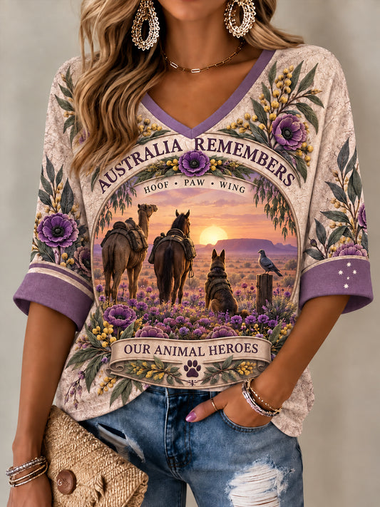 Women's Australian War Animal Memorial for Remembrance Day Pattern Linen V-Neck Shirt