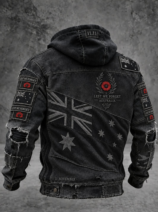 Men's VintageStyle Australian Remembrance Day Graphic Print Casual Hoodie Jacket