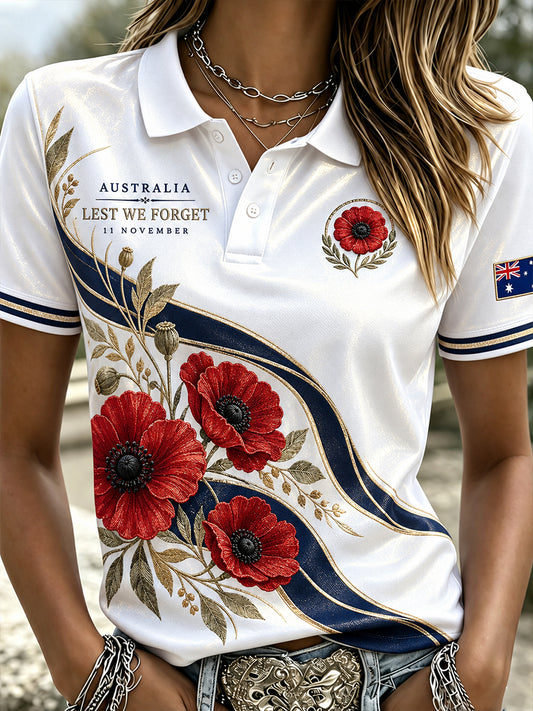 Women's VintageStyle Casual Polo Shirt with Australian Remembrance Day Commemorative Art Print