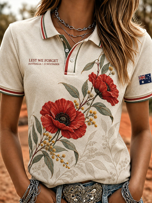 Women's VintageStyle Casual Polo Shirt with Australian Remembrance Day Commemorative Art Print