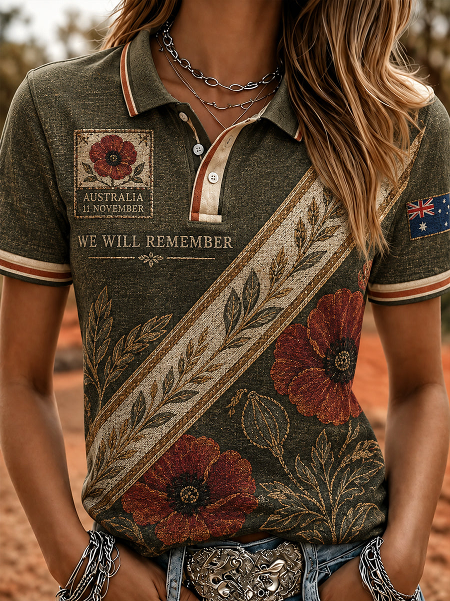 Women's VintageStyle Casual Polo Shirt with Australian Remembrance Day Commemorative Art Print