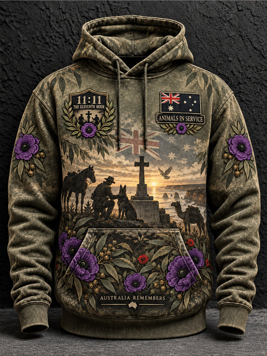 Men's Australian War Animal Memorial For Remembrance Day Oversized Drop-Shoulder Hoodie with Pockets