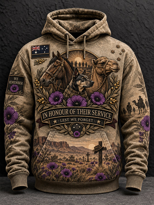 Men's Australian War Animal Memorial For Remembrance Day Oversized Drop-Shoulder Hoodie with Pockets