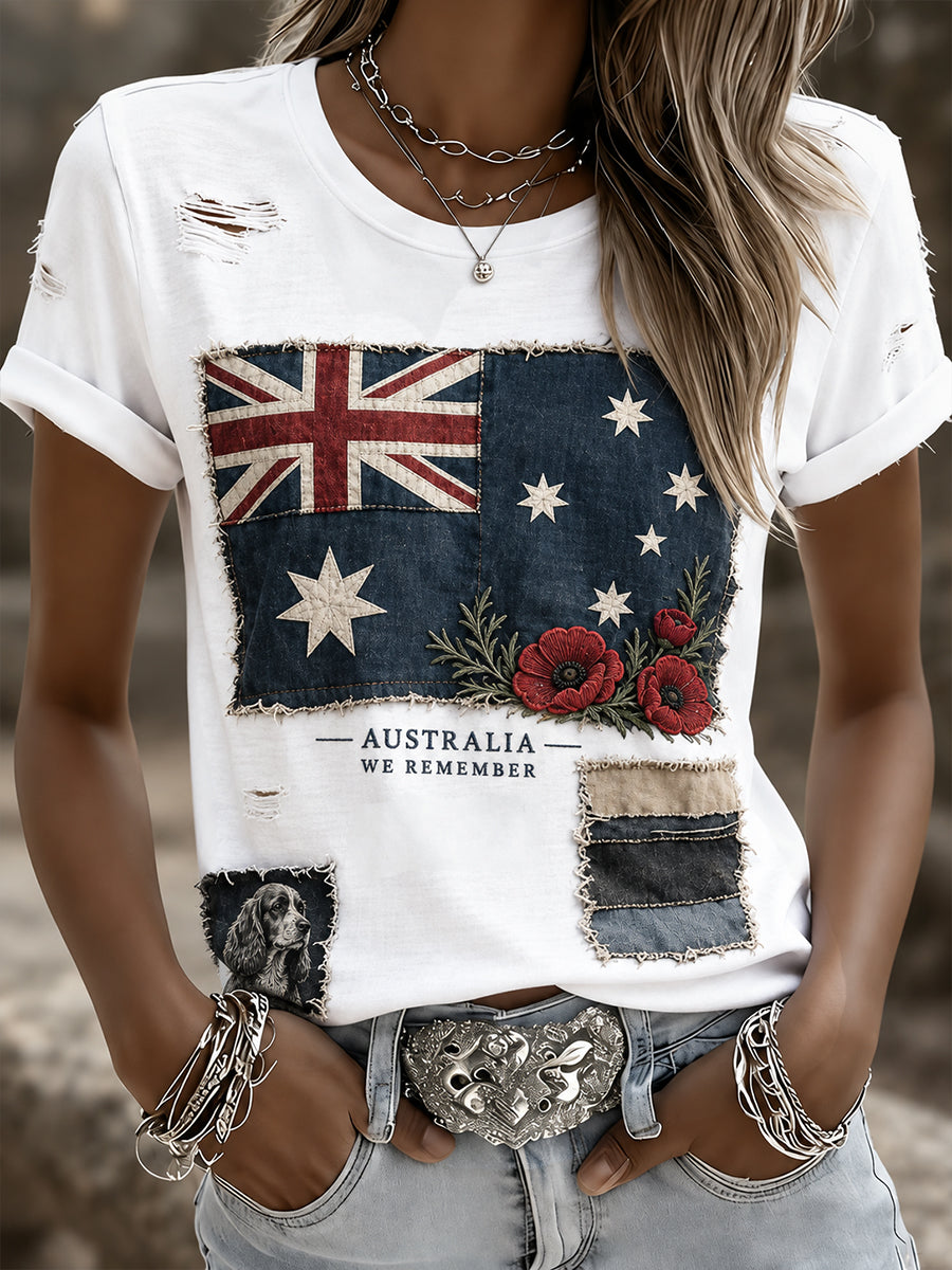 Women's VintageStyle Casual T-shirt with Australian Remembrance Day Commemorative Art Print
