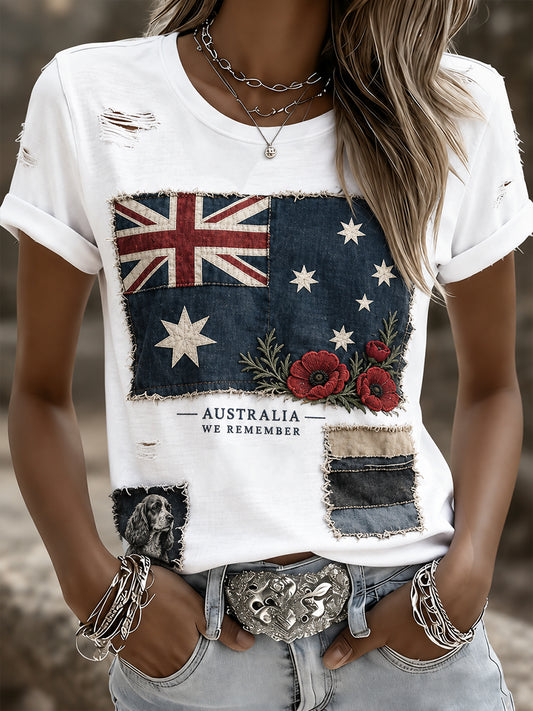 Women's VintageStyle Casual T-shirt with Australian Remembrance Day Commemorative Art Print