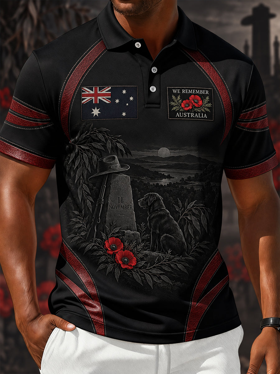 Men's VintageStyle Casual Polo Shirt with Australian Remembrance Day Commemorative Art Print
