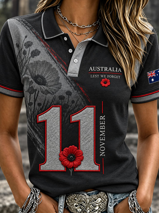 Women's VintageStyle Casual Polo Shirt with Australian Remembrance Day Commemorative Art Print