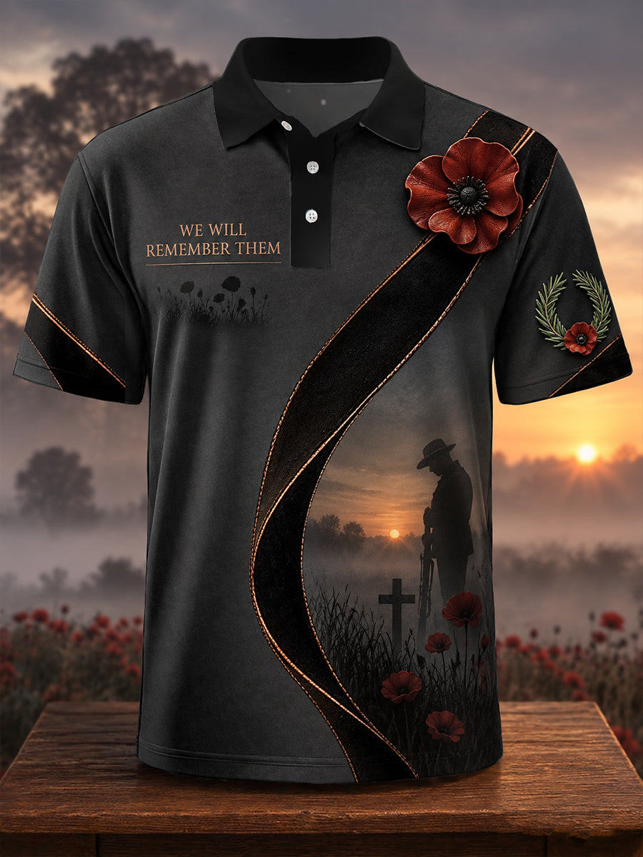 Men's VintageStyle Casual Polo Shirt with Australian Remembrance Day Commemorative Art Print