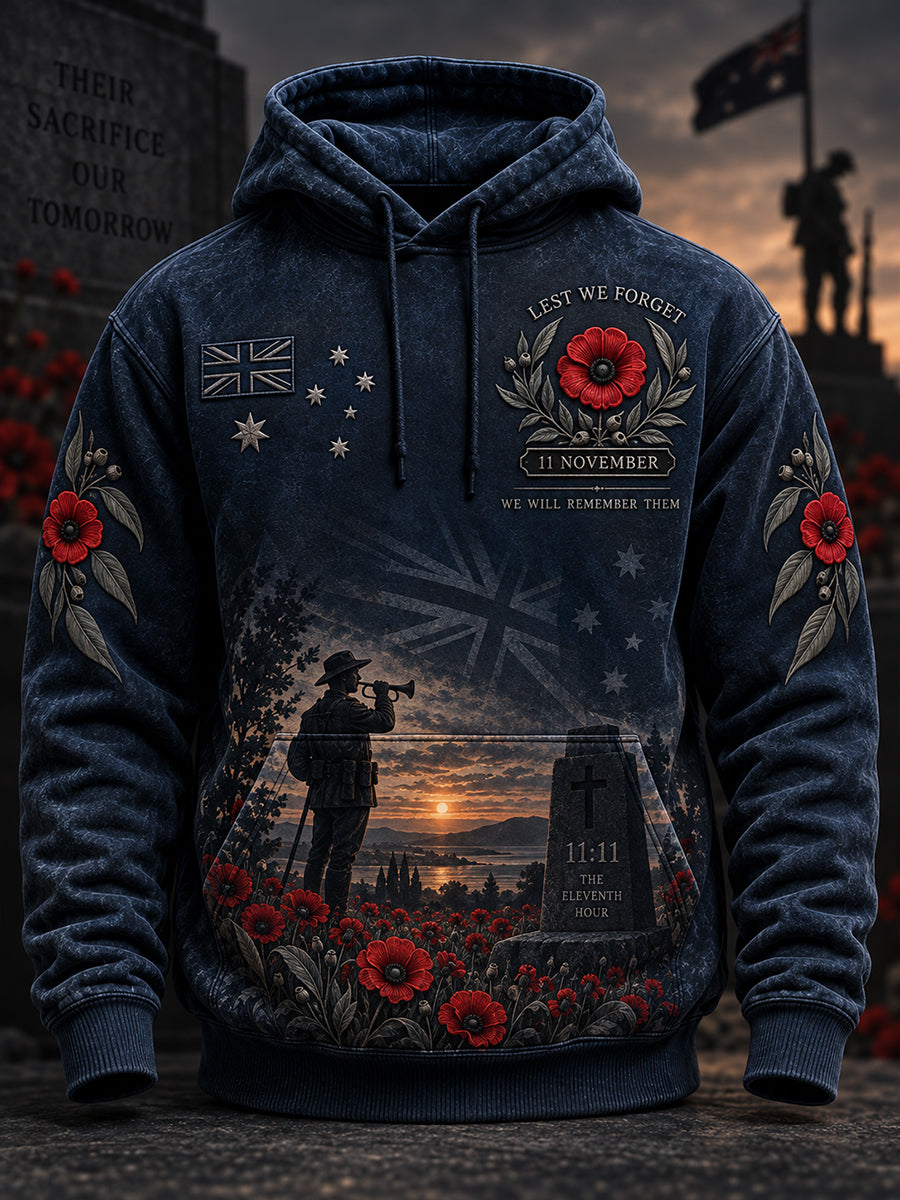 Men's Remembrance Day in Australia  Oversized Drop-Shoulder Hoodie with Pockets