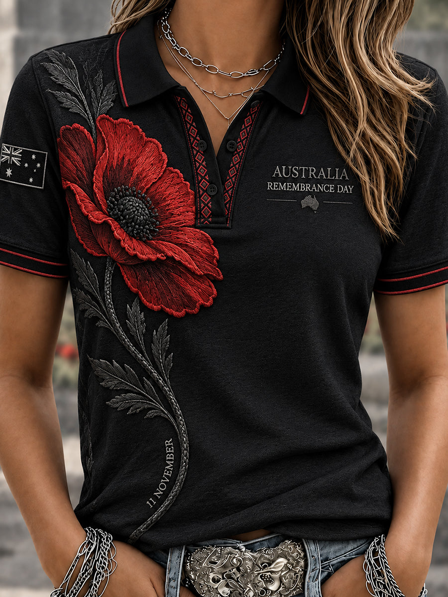 Women's VintageStyle Casual Polo Shirt with Australian Remembrance Day Commemorative Art Print