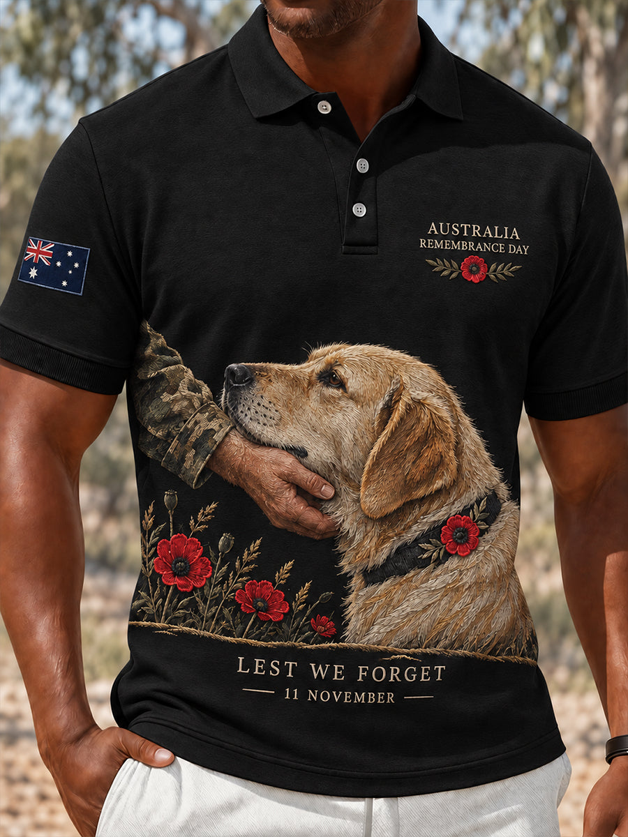Men's VintageStyle Casual Polo Shirt with Australian Remembrance Day Commemorative Art Print