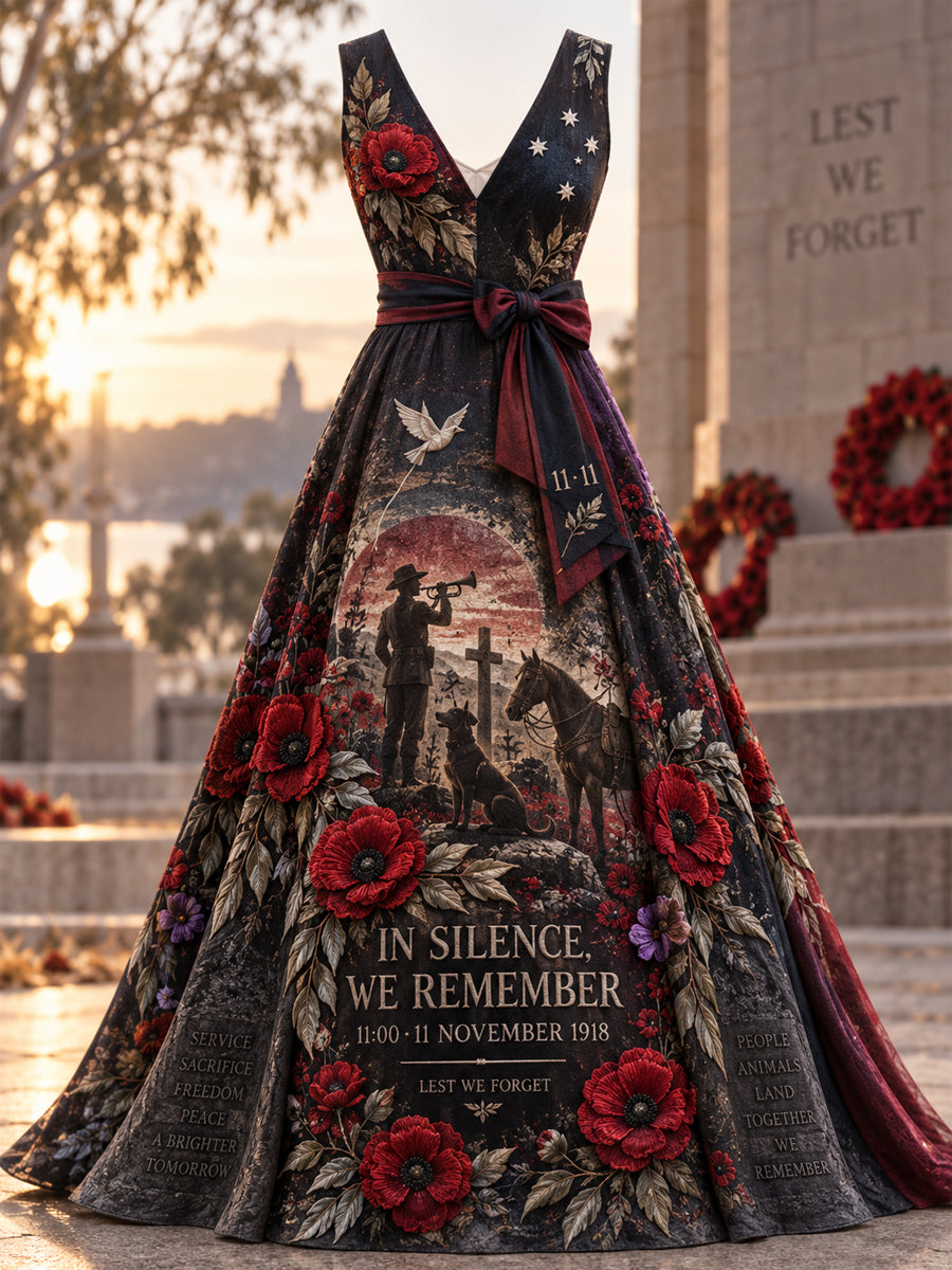 Women's Printed Elegant V Neck Remembrance Day Dress