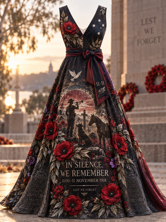 Women's Printed Elegant V Neck Remembrance Day Dress