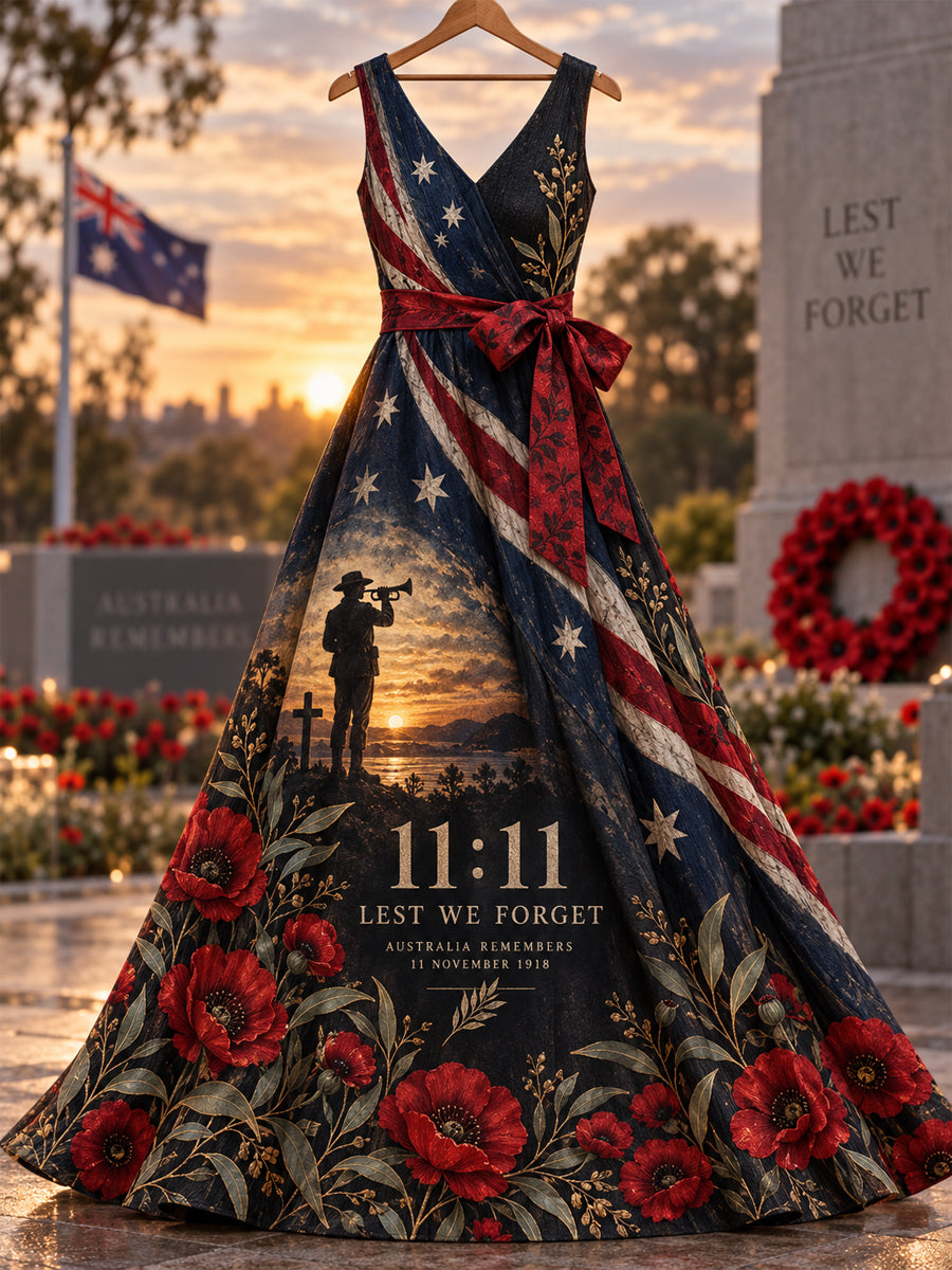 Women's Printed Elegant V Neck Remembrance Day Dress