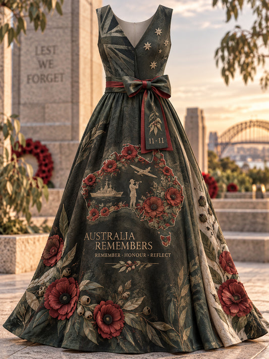 Women's Printed Elegant V Neck Remembrance Day Dress