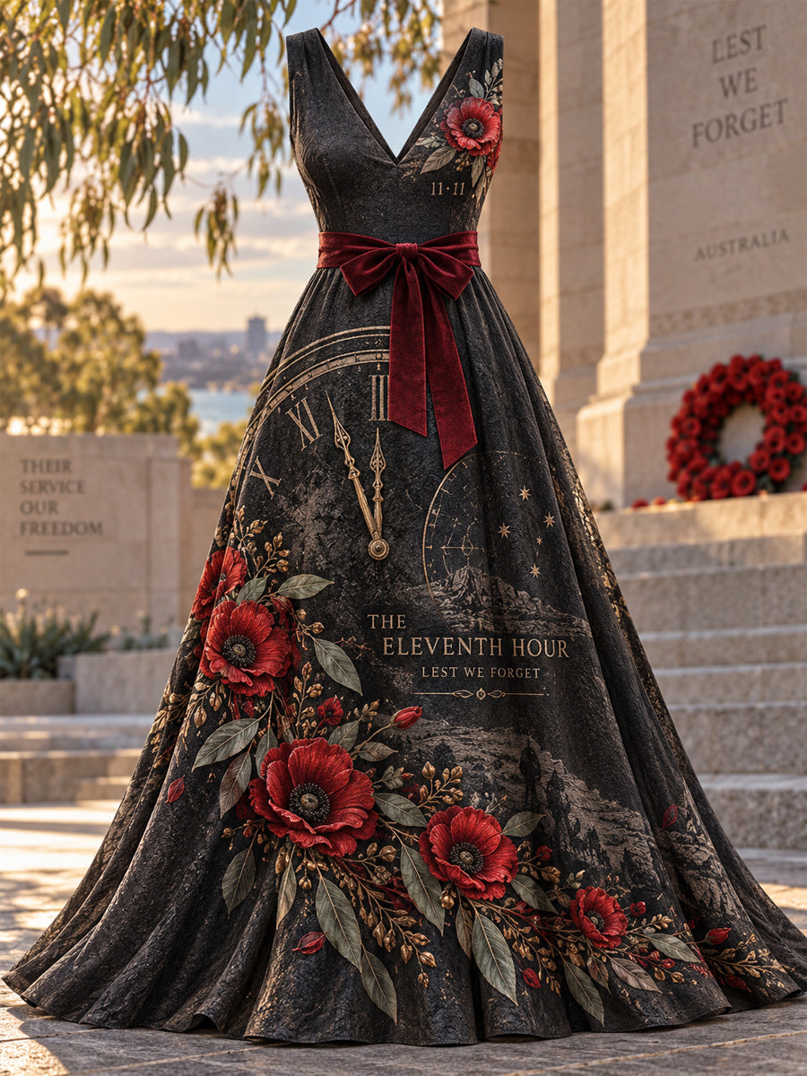 Women's Printed Elegant V Neck Remembrance Day Dress