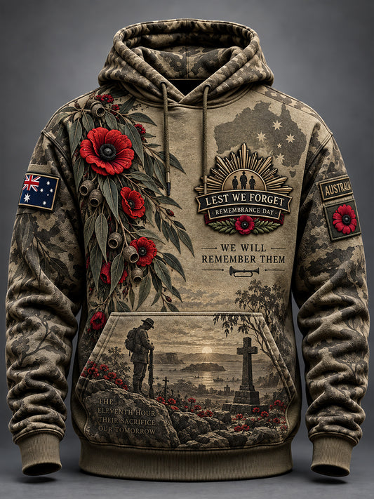Men's Australian Veterans Remembrance Day  Oversized Drop-Shoulder Hoodie with Pockets