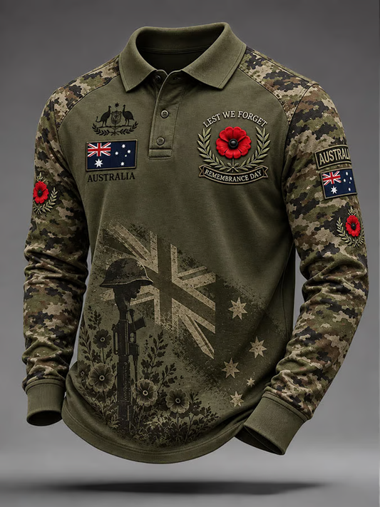 Men's Australian Veterans Print long sleeve polo