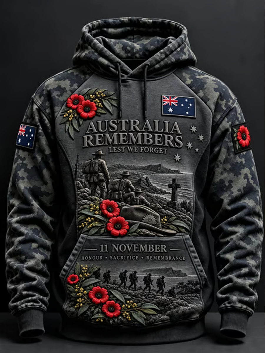 Men's Australian Veterans Print Hoodie with Pockets