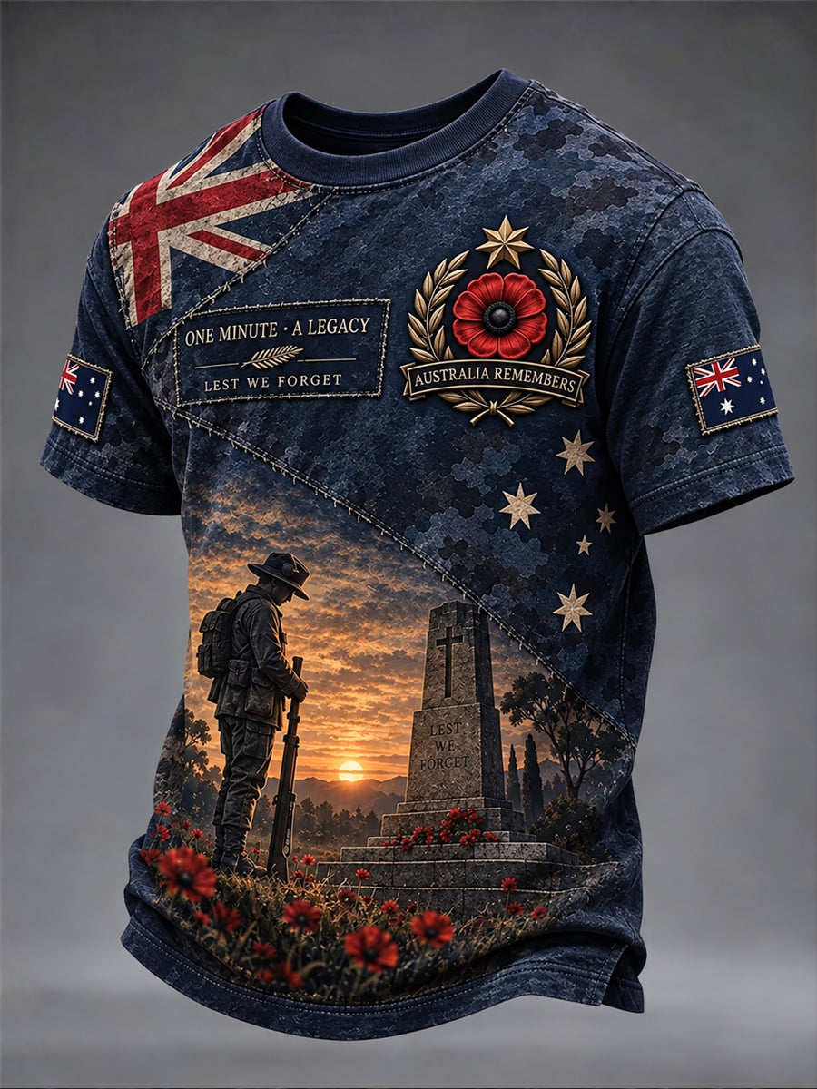 Men's Lest We Forget Australian Remembrance Day Print Short Sleeve T-shirt