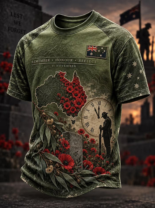 Men's Lest We Forget Australian Remembrance Day Print Short Sleeve T-shirt